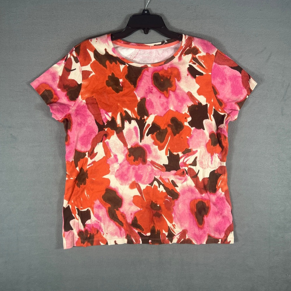 St Johns Bay Womens T Shirt XL Pink Orange Floral Classic Fit Short Sleeve Tee